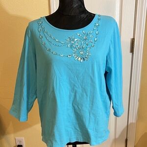Quacker Factory Turquoise Embellished Long Sleeve Top